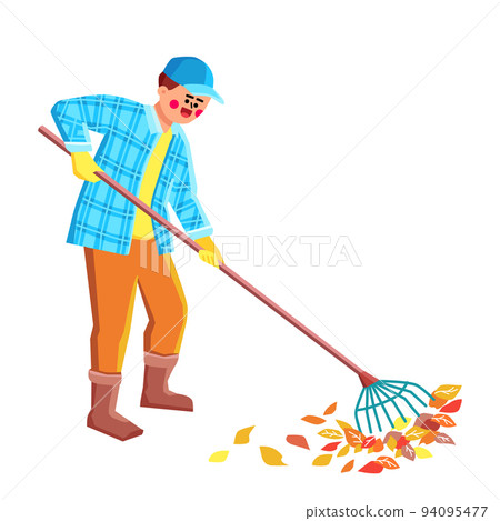 Gardener Clean Falled Leaves In Garden Vector Gardener Clean Falled Leaves In Garden Vector 94095477