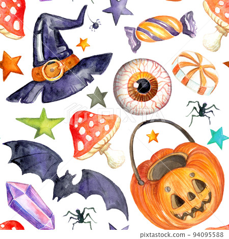 Watercolor halloween seamless pattern with pumpkin, hat and bats 94095588