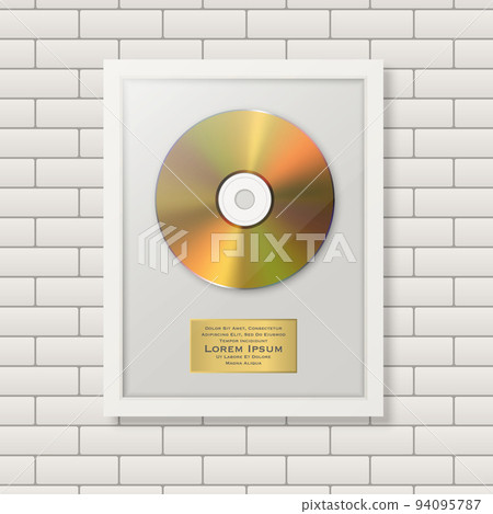 Realistic Vector 3d Golden Yellow CD and Label with White Frame on Brick Wall Background. Single Album Compact Disc Award, Limited Edition. Design Template 94095787