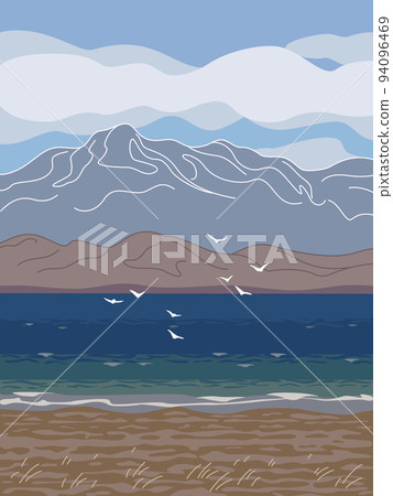 Autumn Landscape with Blue Sea, Mountains and Flying Birds Autumn Landscape with Blue Sea, Mountains and Flying Birds 94096469