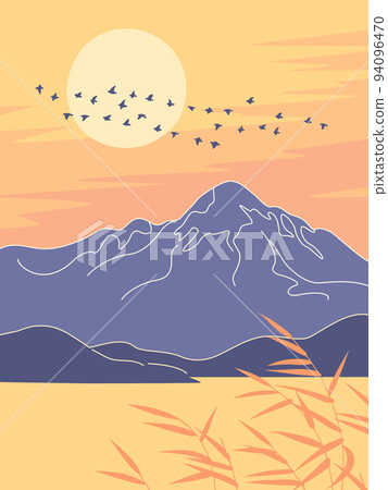 Autumn Landscape with Mountains and Birds Flying Against the Sun Autumn Landscape with Mountains and Birds Flying Against the Sun 94096470