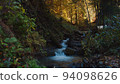 Mountain stream is falling down from the hill among colorful autumn landscape. mysterious forest in fall colors and golden sunrays. bridge over the brook flowing in the middle of caucasian mountains. 94098626