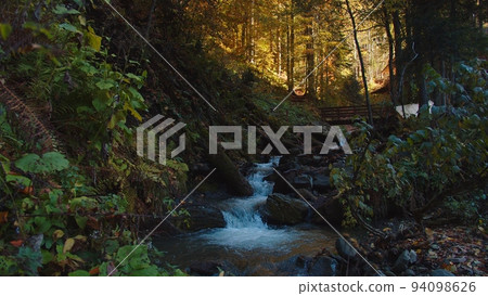 Mountain stream is falling down from the hill among colorful autumn landscape. mysterious forest in fall colors and golden sunrays. bridge over the brook flowing in the middle of caucasian mountains. 94098626