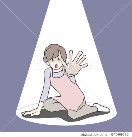 A woman in an apron in a tragic heroine pose illuminated by a spotlight A woman in an apron in a tragic heroine pose illuminated by a spotlight 94099082