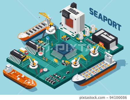 Semiconductor Electronic Components Isometric Seaport Composition Semiconductor Electronic Components Isometric Seaport Composition 94100086