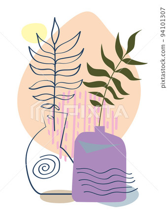 Abstract posters with vases. Trendy still life collage with pot, fruit, vase and tropical palm leaf 94101307