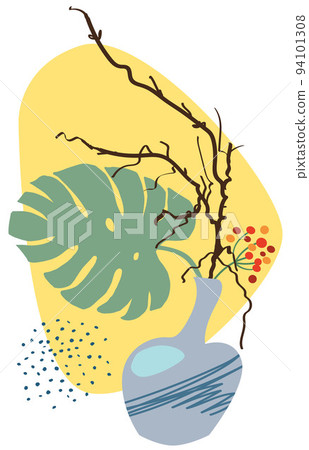 Abstract posters with vases. Trendy still life collage with pot, fruit, vase and tropical palm leaf 94101308