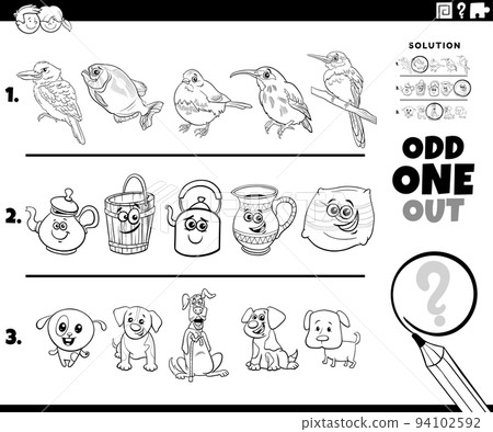 odd one out puzzle with cartoon characters coloring page 94102592