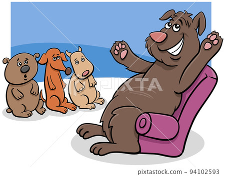 cartoon dog animal character telling a story to puppies 94102593