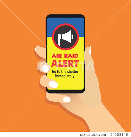 Female Hand Hold Smartphone with Air Raid Alert Message on Screen Female Hand Hold Smartphone with Air Raid Alert Message on Screen 94103146