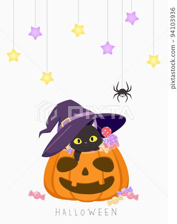 Halloween cute card with black cats and candy backs in baskets given by pumpkins, star shaped lights and spiders hanging from ceiling 94103936