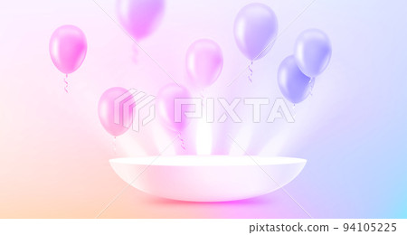 Illuminated podium with air balloons in bright room. Showcase for a product. 3d vector illustration 94105225