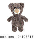 Crocheted from variegated plush threads teddy bear isolated on a white background. Hobby, needlework, hand-made. DIY toy. Gift for a child. 94105713