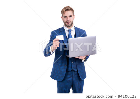 man businessman suggest online payment using computer and credit card for shopping, online banking. man businessman suggest online payment using computer and credit card for shopping, online banking. 94106122