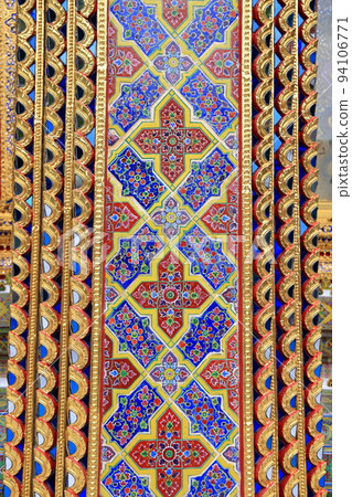 Beautiful detail of traditional Thai art decorated made from ceramic tile and paint, on the wall of building of public Buddhist temple ,textures background. Beautiful detail of traditional Thai art decorated made from ceramic tile and paint, on the wall of building of public Buddhist temple ,textures background. 94106771