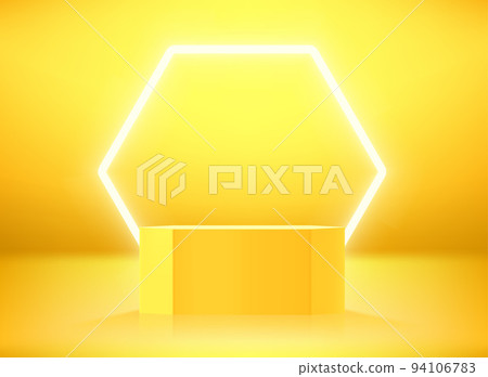 Golden hexagon showcase with neon light. 3d vector illustration with copy space Golden hexagon showcase with neon light. 3d vector illustration with copy space 94106783