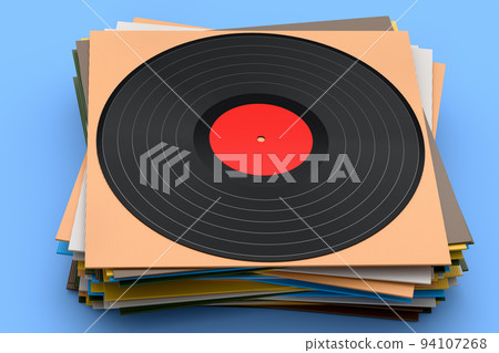 Black vinyl LP record with heap of covers isolated on blue background. 94107268