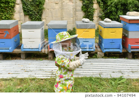 Beekeeper child in apiary in a protective suit Beekeeper child in apiary in a protective suit 94107494