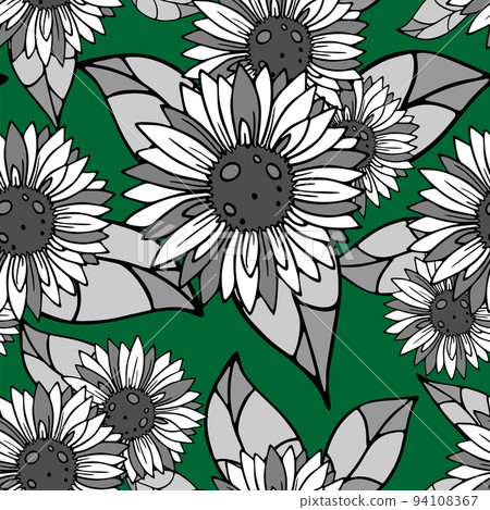 bright seamless background of large black and white inflorescences on a green background, texture, design 94108367
