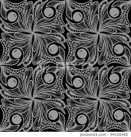 seamless graphic abstract tile pattern, gray geometric ornament on black background, texture, design 94108368
