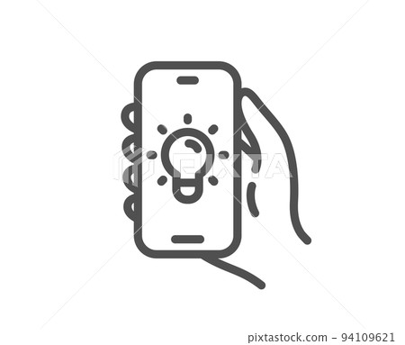 Electric app line icon. Hand hold phone sign. Cellphone with screen notification symbol. Quality design element. Linear style electric app icon. Editable stroke. Vector 94109621