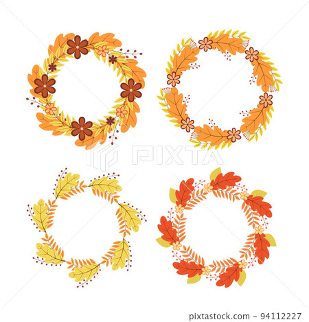 Set of wreaths of colorful autumn leaves and flowers. Fall round frames. Thanksgiving day decorations. Vector elements for your design projects 94112227