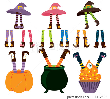 Halloween witches stockings legs. Cute witchcraft cauldron, pumpkin and cupcake feet boots for party invitation card. 94112563