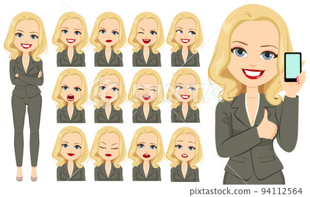 Elegant mature business woman in different expressions set. Various gestures female character standing isolated vector illustration Elegant mature business woman in different expressions set. Various gestures female character standing isolated vector illustration 94112564