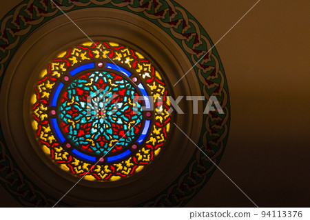 Stained glass inside the chapel of Kocatepe Mosque in Ankara, the capital of Turkey Stained glass inside the chapel of Kocatepe Mosque in Ankara, the capital of Turkey 94113376