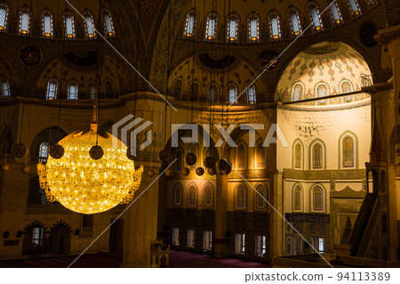 A huge chandelier in the chapel of the Kocatepe Mosque in Ankara, the capital of Turkey A huge chandelier in the chapel of the Kocatepe Mosque in Ankara, the capital of Turkey 94113389