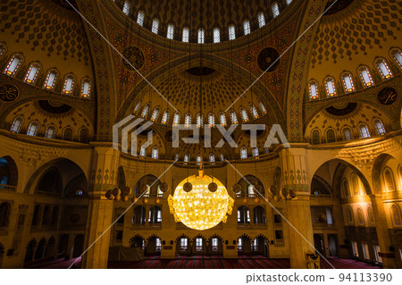 A huge chandelier in the chapel of the Kocatepe Mosque in Ankara, the capital of Turkey A huge chandelier in the chapel of the Kocatepe Mosque in Ankara, the capital of Turkey 94113390