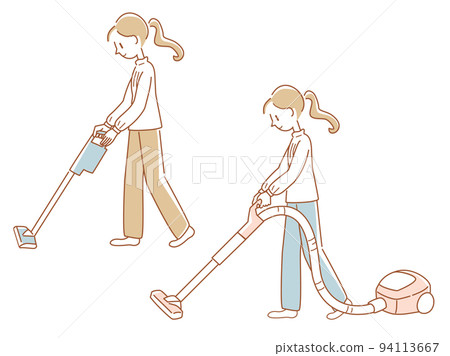 Illustration set of a woman vacuuming Illustration set of a woman vacuuming 94113667