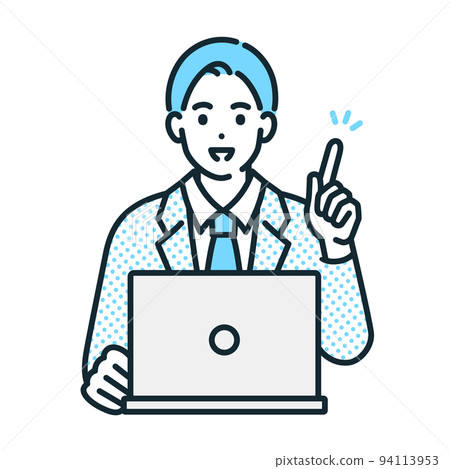 微笑的商人。操作筆記本電腦的人的插圖素材。 94113953