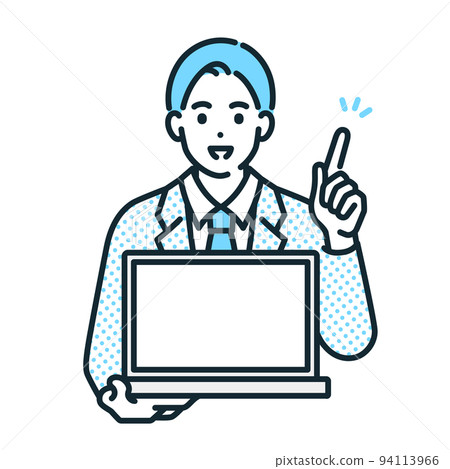 A man with a pointing pose. Illustration material of a laptop and a businessman. 94113966
