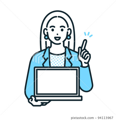 一個女人拿著電腦，提出了一個建議。女商人的插圖素材。 94113967