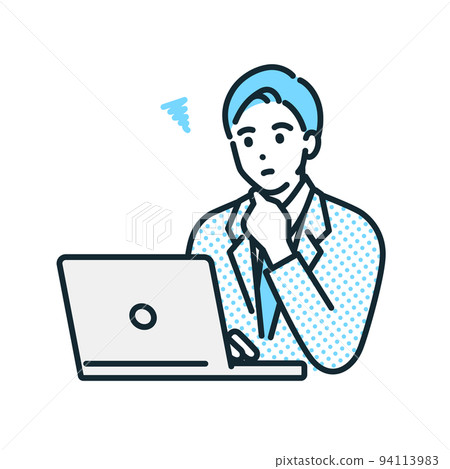 一個在個人電腦前歪著頭的商人。一個擔心的人的插圖素材。 94113983