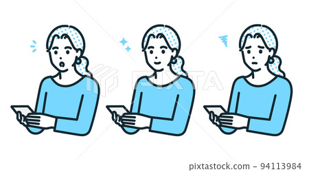 操作智能手機的女性的插圖素材。驚訝、微笑、困擾三種表情。 94113984