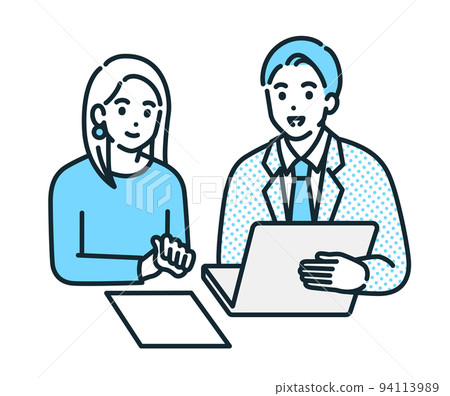 Illustration material of men and women who have a meeting while checking the personal computer and materials. Illustration material of men and women who have a meeting while checking the personal computer and materials. 94113989