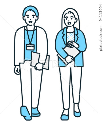 Men and women walking in the office corridor while chatting. Illustration material of a business person. Men and women walking in the office corridor while chatting. Illustration material of a business person. 94113994