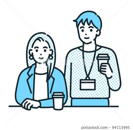 Coffee break between work. Illustration of a relaxed business person. 94113995