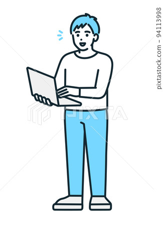 Full-body illustration material of an engineer man holding a personal computer. 94113998