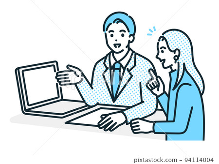 A business person who shows a computer screen and makes a proposal. Illustration material of a man and a woman having a meeting. 94114004