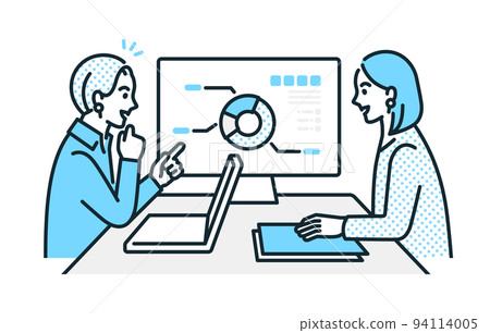A business person having a meeting while checking and analyzing data. Illustration material of a working woman. 94114005