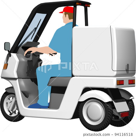Illustration background transparent image of a white delivery bike used for delivery. with driver 94116518