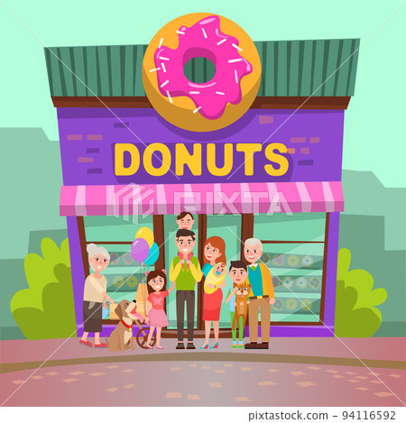Donuts Restaurant, People near Candy Store Vector 94116592
