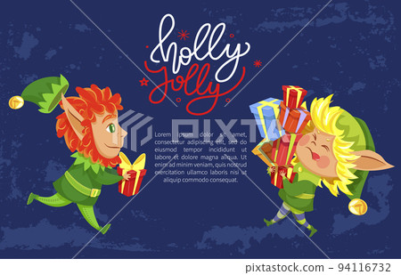 Christmas Greeting Card and Elf with Gift Vector Christmas Greeting Card and Elf with Gift Vector 94116732