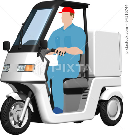 Illustration background transparent image of a white tricycle delivery bike used for delivery. with driver 94116744