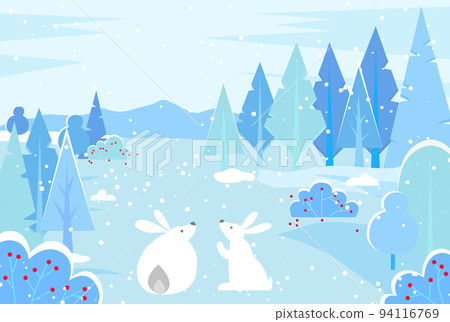 Hares Surrounded by Snowy Trees and Bushes Forest 94116769