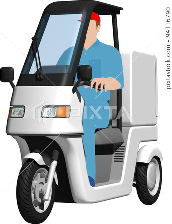 Illustration background transparent image of a white tricycle delivery bike used for delivery. with driver 94116790