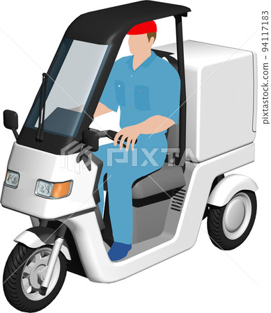 用於送貨的白色三輪車送貨自行車的插圖背景透明圖像。帶司機 用於送貨的白色三輪車送貨自行車的插圖背景透明圖像。帶司機 94117183